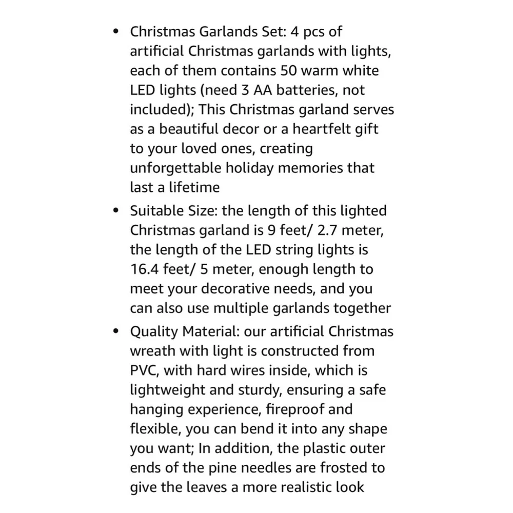 4 Pc (9 Ft EACH) Prelit Christmas Garland w/50 LED Lights, NEW, Snowy Style